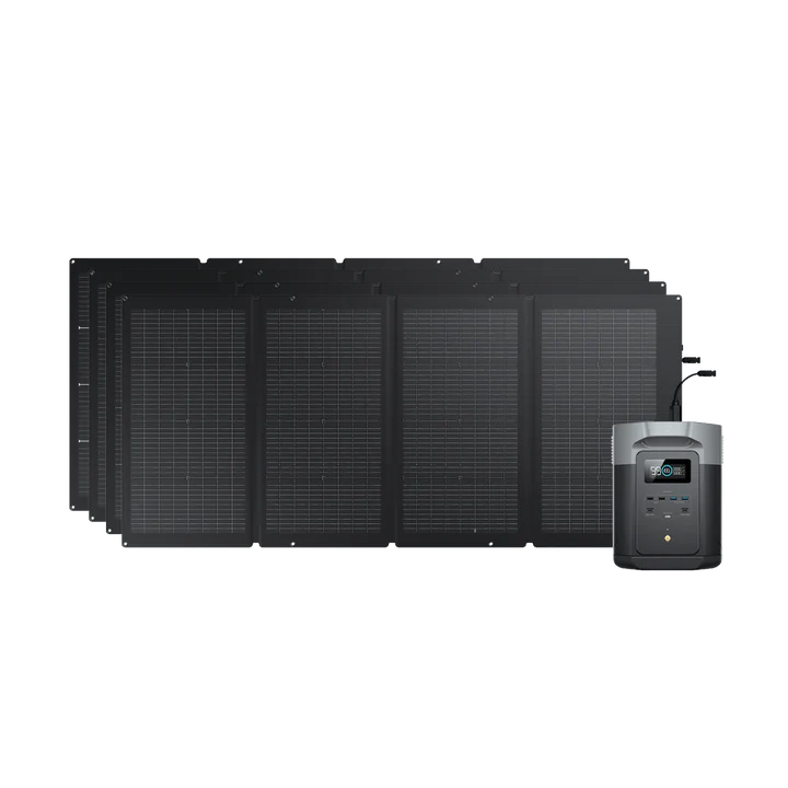 Six Ecoflow black solar panels are arranged side by side in the background, with an Ecoflow portable power station featuring a display screen, control buttons, and advanced BMS protection positioned at the front right.