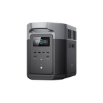 The Ecoflow portable power station features a digital display showing 99% battery, multiple front ports, advanced LFP battery technology, and a sleek gray rectangular design.