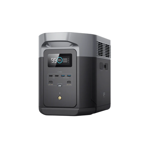 The Ecoflow portable power station features a digital display showing 99% battery, multiple front ports, advanced LFP battery technology, and a sleek gray rectangular design.