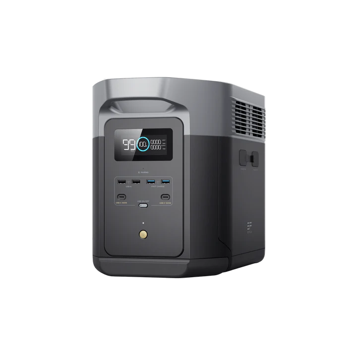 The Ecoflow portable power station features a digital display showing 99% battery, multiple front ports, advanced LFP battery technology, and a sleek gray rectangular design.