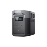 The Ecoflow portable power station delivers 3400W output, features a digital battery status display, multiple USB ports, and comes in a compact black and gray modern design.