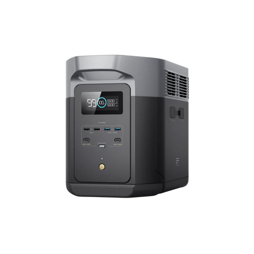 The Ecoflow portable power station delivers 3400W output, features a digital battery status display, multiple USB ports, and comes in a compact black and gray modern design.