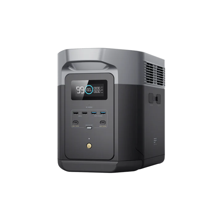 The Ecoflow portable power station delivers 3400W output, features a digital battery status display, multiple USB ports, and comes in a compact black and gray modern design.