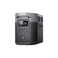 The Ecoflow portable power station delivers 3400W output, features a digital battery status display, multiple USB ports, and comes in a compact black and gray modern design.