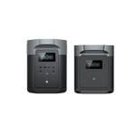 Two views of the Ecoflow portable power station: the front shows multiple ports and a digital display, while the side highlights the display and a large top handle. This black and gray device offers advanced BMS protection for enhanced safety.