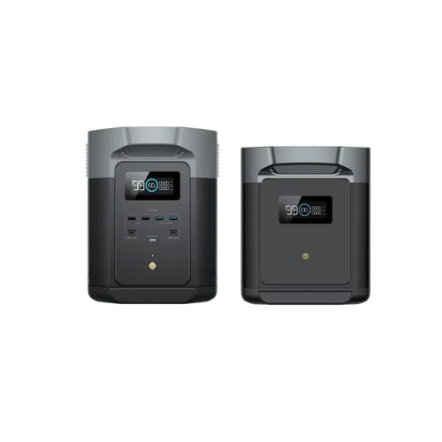 Two views of the Ecoflow portable power station: the front shows multiple ports and a digital display, while the side highlights the display and a large top handle. This black and gray device offers advanced BMS protection for enhanced safety.