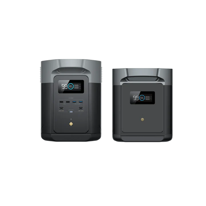 Two views of the Ecoflow portable power station: the front shows multiple ports and a digital display, while the side highlights the display and a large top handle. This black and gray device offers advanced BMS protection for enhanced safety.