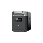 An Ecoflow DELTA 2 Max portable power station in black and gray features a front digital display with battery and status indicators. The boxy, compact device has a top handle and uses advanced LFP battery technology for long-lasting power.