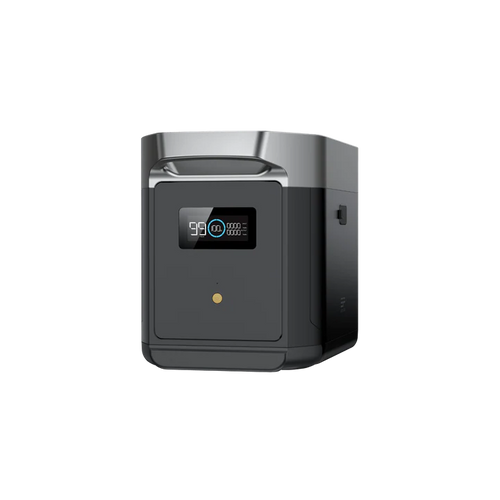 An Ecoflow DELTA 2 Max portable power station in black and gray features a front digital display with battery and status indicators. The boxy, compact device has a top handle and uses advanced LFP battery technology for long-lasting power.