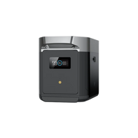 An Ecoflow DELTA 2 Max portable power station in black and gray features a front digital display with battery and status indicators. The boxy, compact device has a top handle and uses advanced LFP battery technology for long-lasting power.