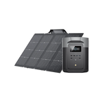 An Ecoflow portable power station with a digital display, multiple ports, and buttons sits in front of a black solar panel. Both devices offer advanced BMS protection and are shown on a transparent background.
