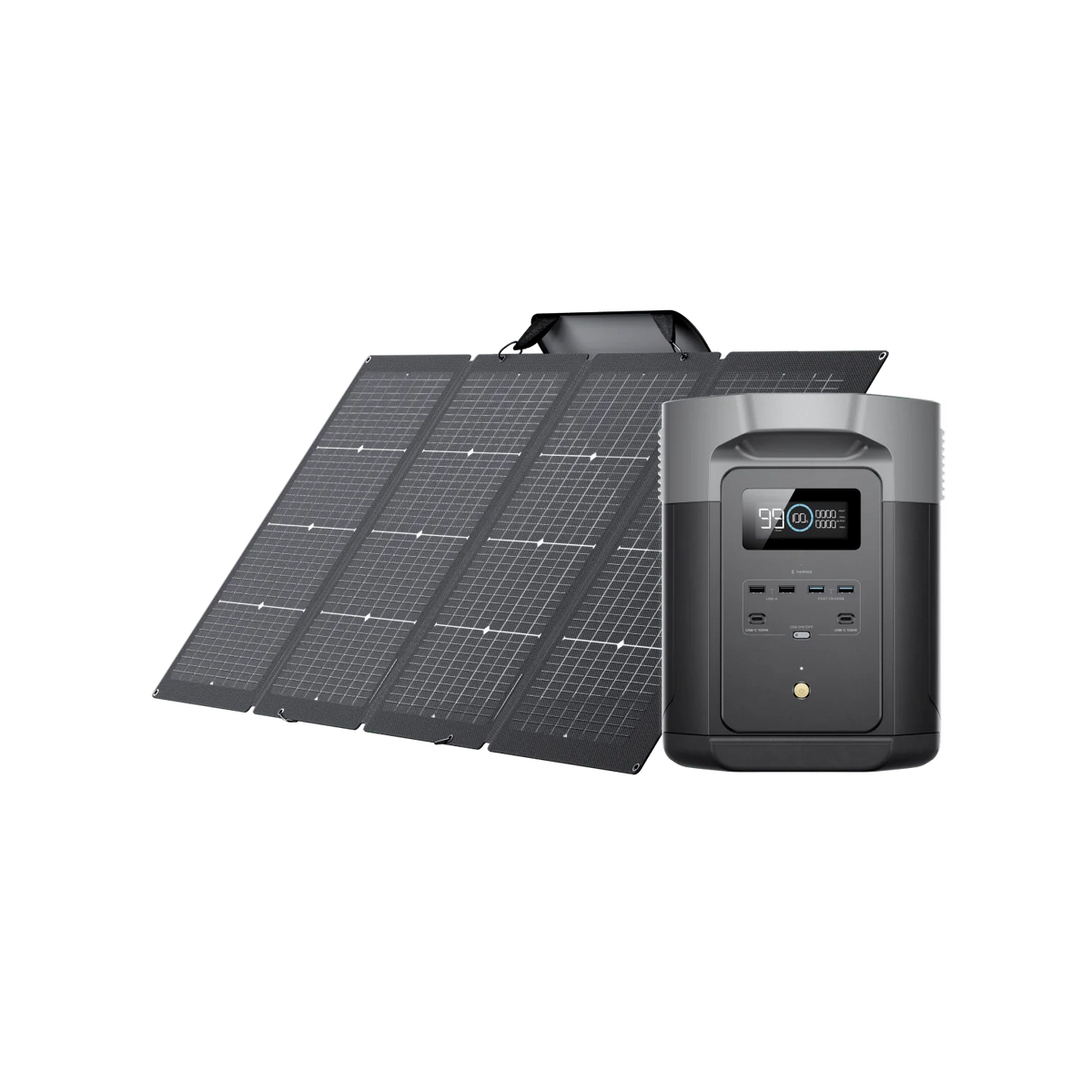 An Ecoflow portable power station with a digital display, multiple ports, and buttons sits in front of a black solar panel. Both devices offer advanced BMS protection and are shown on a transparent background.