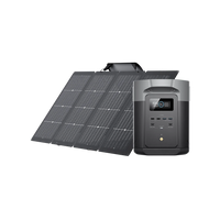 An Ecoflow portable power station with a digital display, multiple ports, and buttons sits in front of a black solar panel. Both devices offer advanced BMS protection and are shown on a transparent background.