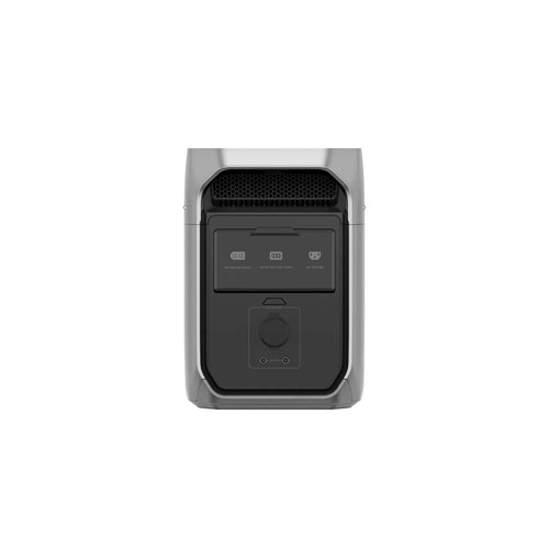 Front view of the Ecoflow high-performance portable power station in black and gray, with a top vent, control buttons, display panel, central circular dial, and a modern rectangular design that supports solar charging for convenience.