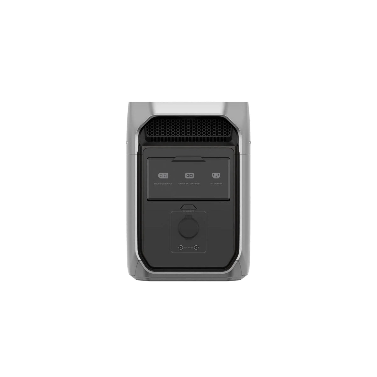 Front view of the Ecoflow high-performance portable power station in black and gray, with a top vent, control buttons, display panel, central circular dial, and a modern rectangular design that supports solar charging for convenience.