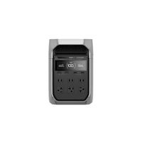 Front view of the Ecoflow high-performance power station featuring a digital display, four power outlets, two USB ports, and control buttons, all on a plain white background. Perfect for portable use and solar charging.