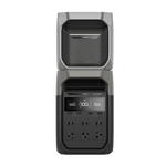 The Ecoflow portable power station features a digital display, front-facing multiple outlets and USB ports, and fast charging capability—all in a sleek gray and black design for reliable power on the go.