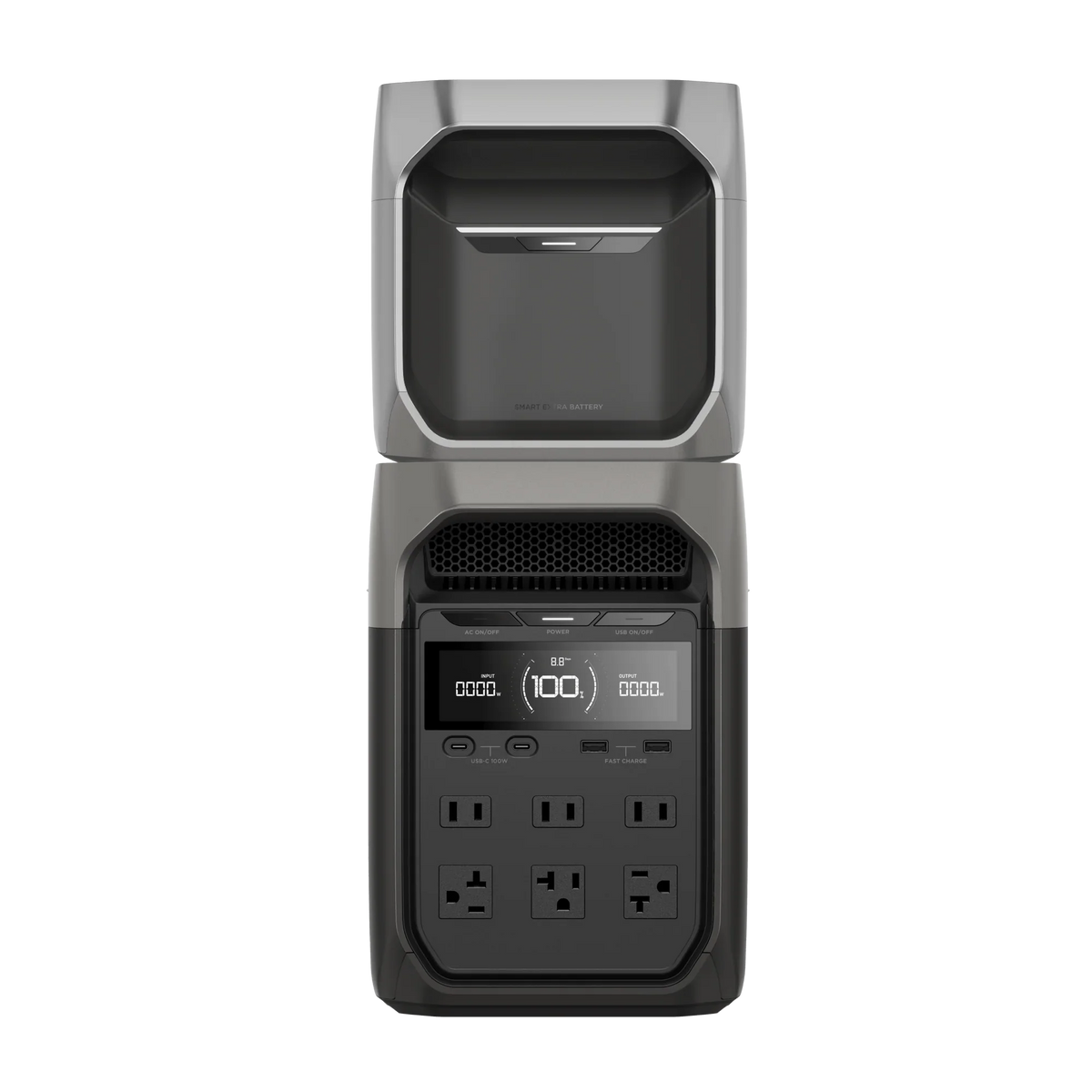 The Ecoflow portable power station features a digital display, front-facing multiple outlets and USB ports, and fast charging capability—all in a sleek gray and black design for reliable power on the go.