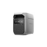 The Ecoflow portable power station features a digital display, multiple AC outlets, and USB ports on the front panel, perfect for solar charging, shown on a transparent background.