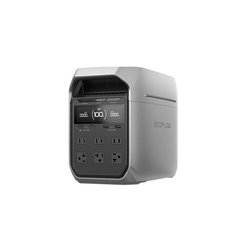 The Ecoflow portable power station features a digital display, multiple AC outlets, and USB ports on the front panel, perfect for solar charging, shown on a transparent background.