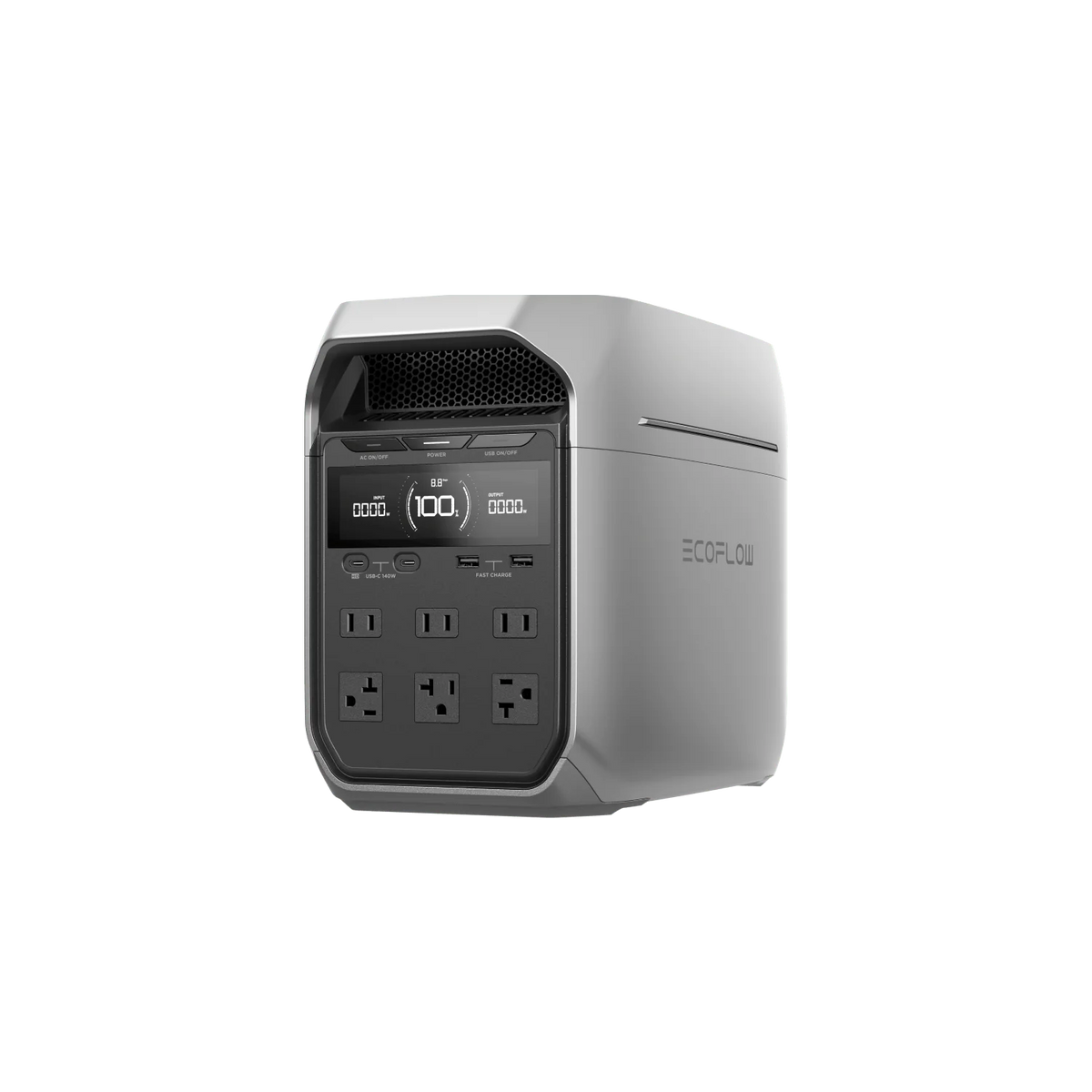The Ecoflow portable power station features a digital display, multiple AC outlets, and USB ports on the front panel, perfect for solar charging, shown on a transparent background.