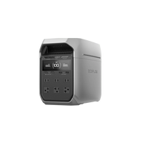 The Ecoflow portable power station features a digital display, multiple AC outlets, and USB ports on the front panel, perfect for solar charging, shown on a transparent background.