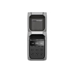 A front view of the Ecoflow high-performance power station featuring multiple power outlets, a digital display, and a compact, modern gray and black design.