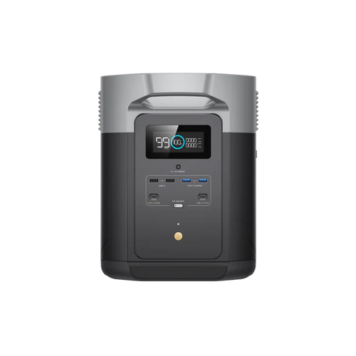 Front view of the EcoFlow Delta Max portable power station by Ecoflow, featuring a digital battery display and ports for USB, USB-C, and AC output. This modern solar generator works seamlessly with solar panels for dependable off-grid power.