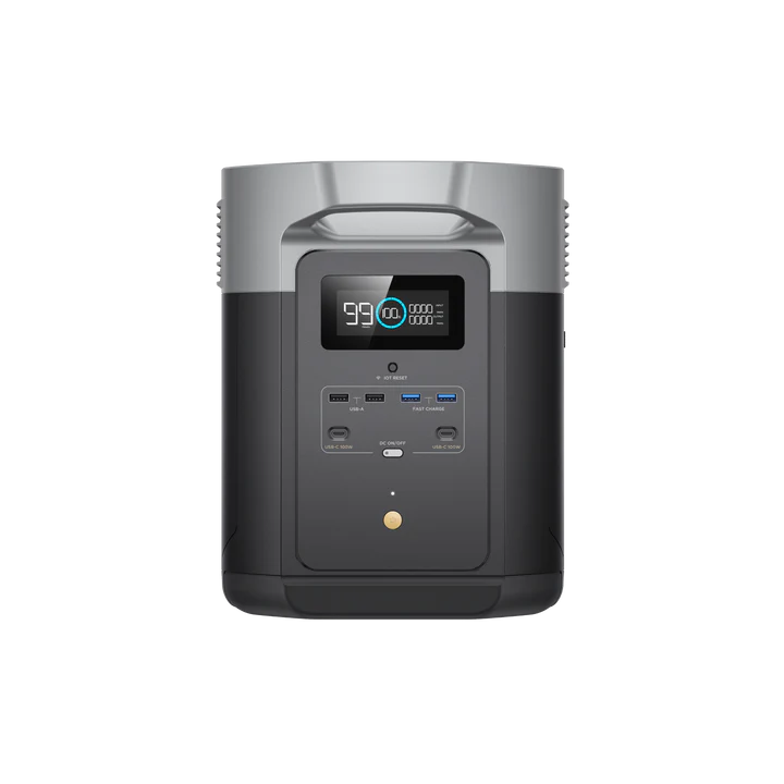 Front view of the EcoFlow Delta Max portable power station by Ecoflow, featuring a digital battery display and ports for USB, USB-C, and AC output. This modern solar generator works seamlessly with solar panels for dependable off-grid power.