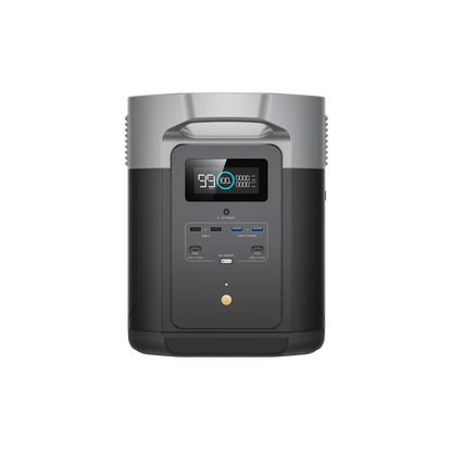 Front view of the EcoFlow Delta Max portable power station by Ecoflow, featuring a digital battery display and ports for USB, USB-C, and AC output. This modern solar generator works seamlessly with solar panels for dependable off-grid power.