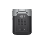 The Ecoflow Delta Max portable power station features six AC outlets, multiple USB ports, a front power button, and is compatible with solar panels for flexible charging—all set against a plain white background.