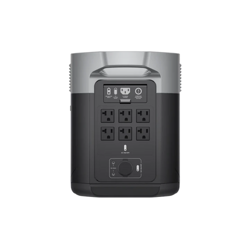 The Ecoflow Delta Max portable power station features six AC outlets, multiple USB ports, a front power button, and is compatible with solar panels for flexible charging—all set against a plain white background.