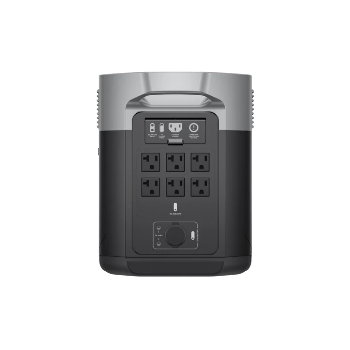 The Ecoflow Delta Max portable power station features six AC outlets, multiple USB ports, a front power button, and is compatible with solar panels for flexible charging—all set against a plain white background.