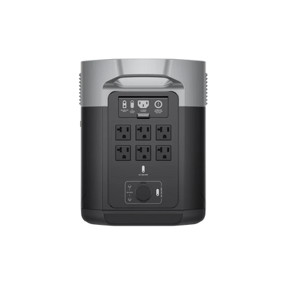 The Ecoflow Delta Max portable power station features six AC outlets, multiple USB ports, a front power button, and is compatible with solar panels for flexible charging—all set against a plain white background.