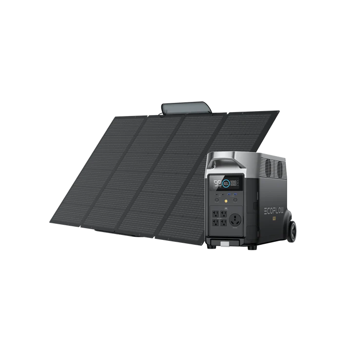 The EcoFlow portable solar generator pairs a large foldable solar panel with a compact power station, offering digital controls, multiple outlets, a robust LFP battery, and advanced BMS protection for reliable mobile energy.