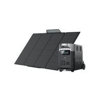 The EcoFlow portable solar generator pairs a large foldable solar panel with a compact power station, offering digital controls, multiple outlets, a robust LFP battery, and advanced BMS protection for reliable mobile energy.
