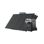 A portable solar panel sits by a gray Ecoflow power station, featuring an LFP Battery, digital display, and multiple front-facing power outlets.
