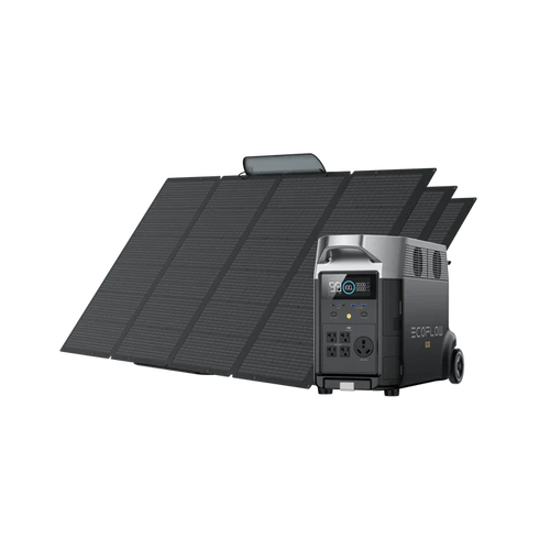 A portable solar panel sits by a gray Ecoflow power station, featuring an LFP Battery, digital display, and multiple front-facing power outlets.