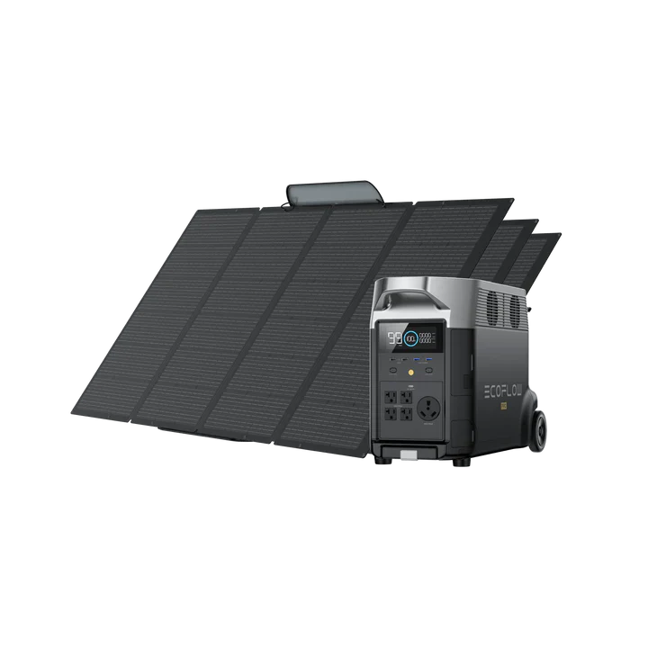A portable solar panel sits by a gray Ecoflow power station, featuring an LFP Battery, digital display, and multiple front-facing power outlets.