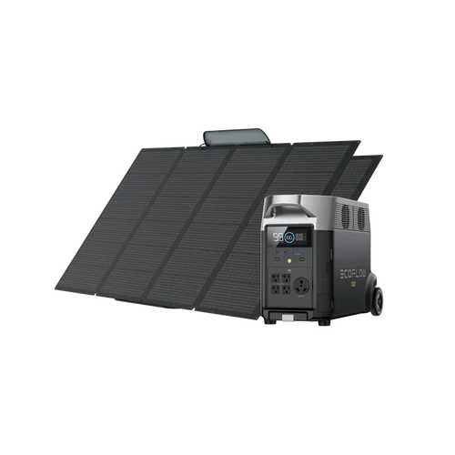 An Ecoflow portable power station with an LFP battery and multiple outlets sits in front of a large, foldable solar panel—both designed for outdoor or emergency use. The digital screen shows status, complemented by advanced input/output ports.