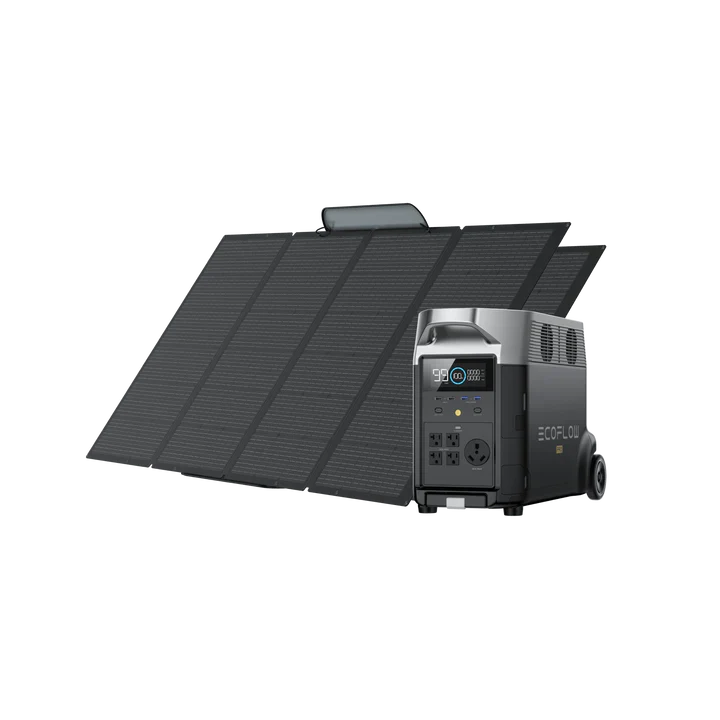 An Ecoflow portable power station with an LFP battery and multiple outlets sits in front of a large, foldable solar panel—both designed for outdoor or emergency use. The digital screen shows status, complemented by advanced input/output ports.