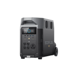 The EcoFlow Delta Pro by Ecoflow is a portable power station in gray and black, featuring a digital display, AC outlets, USB ports, wheels, and handle. Ideal for outdoor or emergency use, it also functions as a solar generator for easy transport and reliable power.