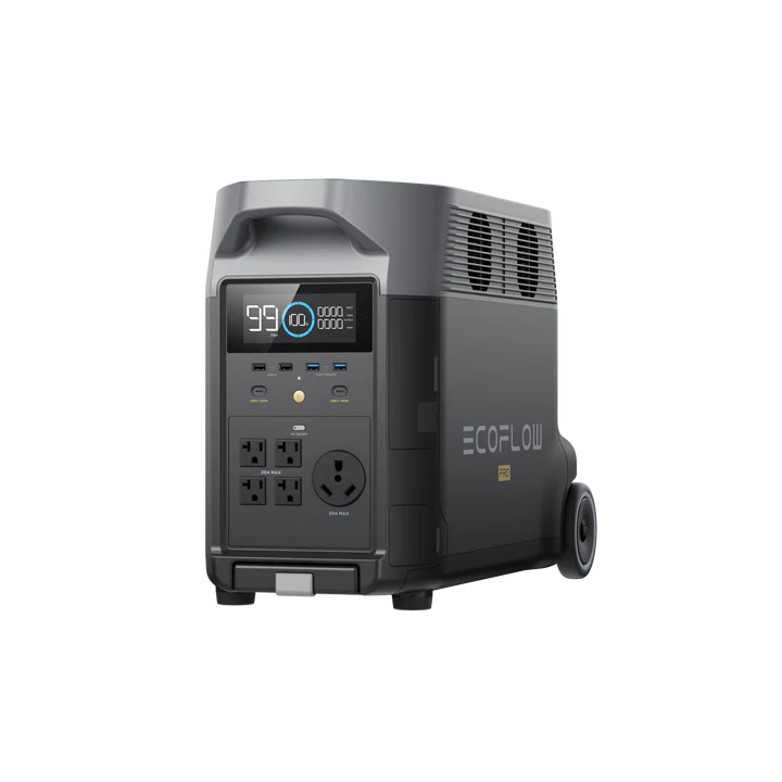 The Ecoflow Delta Pro is a portable, dark gray power station with multiple outlets, a digital display (99 hrs), wheels for transport, several ports and ventilation grilles, and is compatible with portable solar panels.