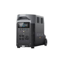 The Ecoflow Delta Pro is a portable, dark gray power station with multiple outlets, a digital display (99 hrs), wheels for transport, several ports and ventilation grilles, and is compatible with portable solar panels.