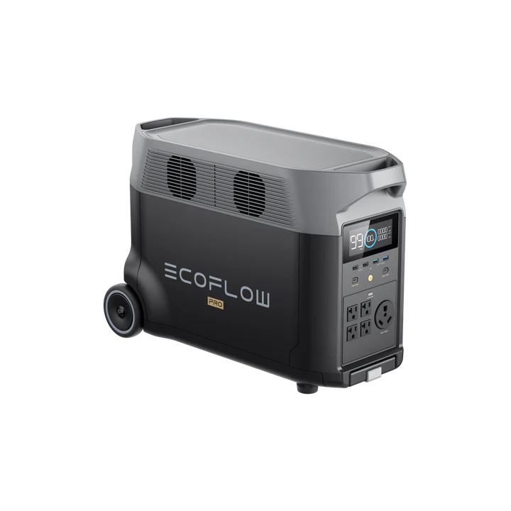 A portable black Ecoflow DELTA Pro power station with wheels, ventilation grills, digital display, multiple outlets, and a top handle. Equipped with an LFP battery, it’s ideal for home backup and outdoor use.