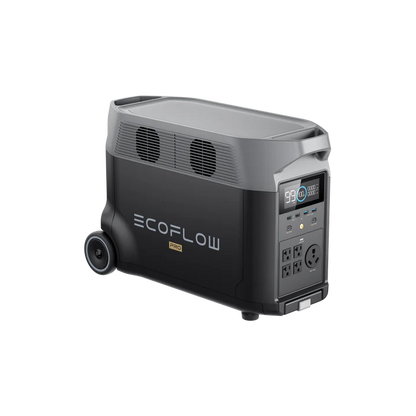 A portable black Ecoflow DELTA Pro power station with wheels, ventilation grills, digital display, multiple outlets, and a top handle. Equipped with an LFP battery, it’s ideal for home backup and outdoor use.