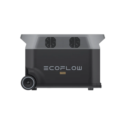 A black EcoFlow portable power station with two left-side wheels, top ventilation fans, and the EcoFlow logo on the front—ideal for home backup with reliable LFP battery technology.