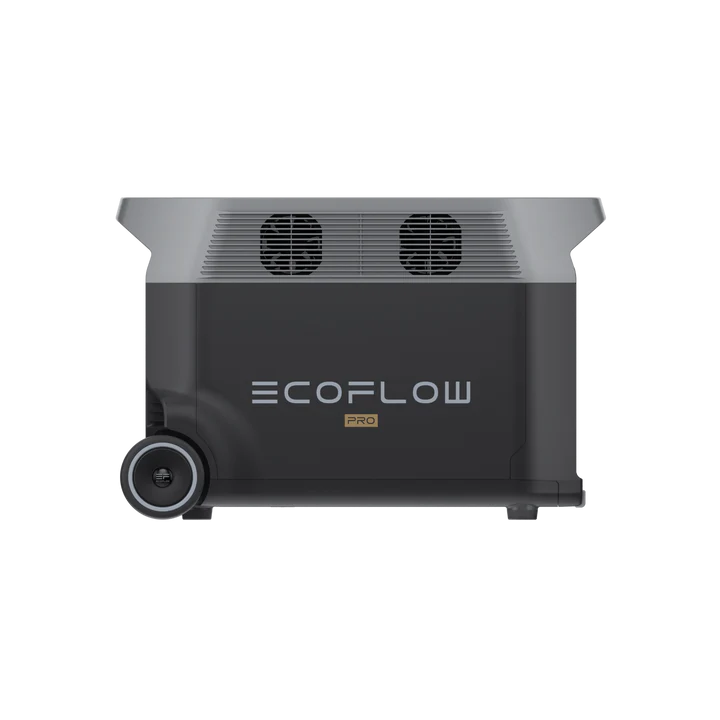 A black EcoFlow portable power station with two left-side wheels, top ventilation fans, and the EcoFlow logo on the front—ideal for home backup with reliable LFP battery technology.