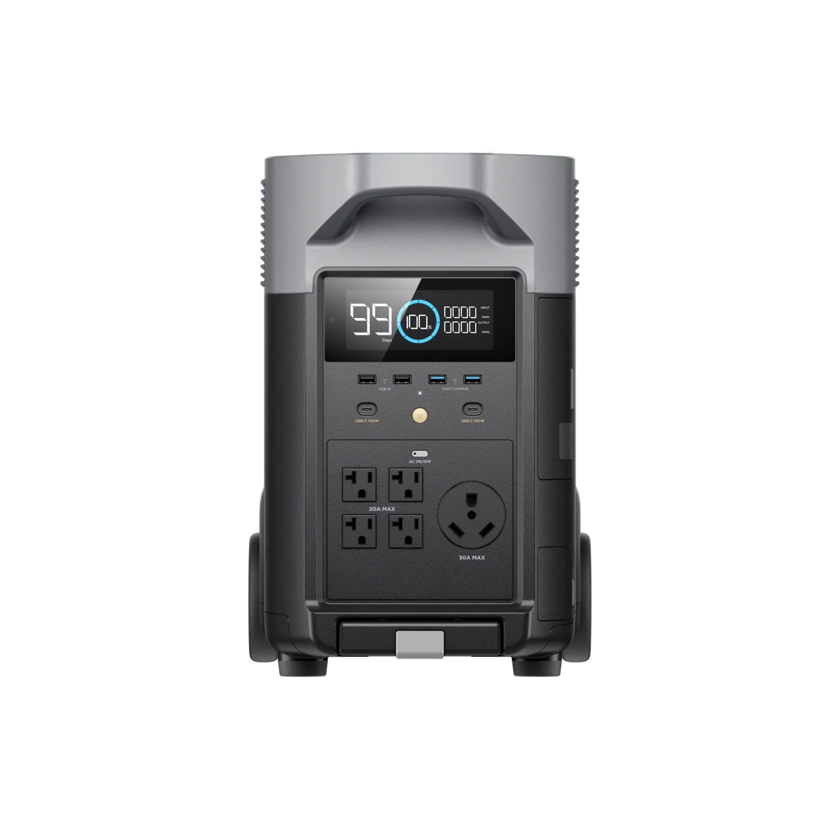 The Ecoflow portable power station features a digital display, multiple outlets, USB ports, and a large top handle—ideal for charging devices or providing backup power at home.