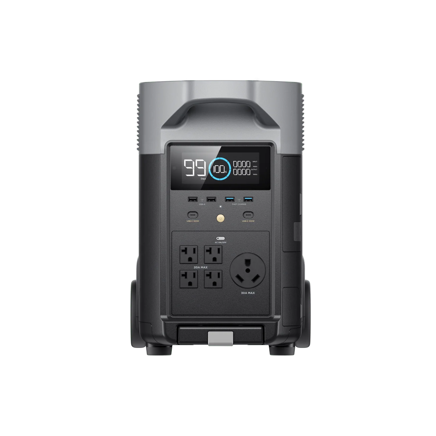 The Ecoflow portable power station features a digital display, multiple USB ports, four AC outlets, a round AC port, and a gray handle—ideal for solar panel use. Product shown with features highlighted on a transparent background.